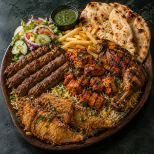 BBQ Platter 2 with kebabs, chicken tikka, Lahori fish, chicken leg, naan and sides