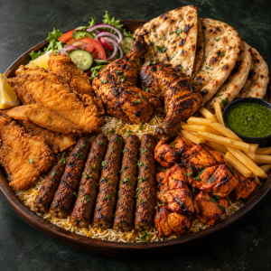 BBQ Platter 3 with kebabs, chicken tikka, Lahori fish, chicken legs, naan and sides